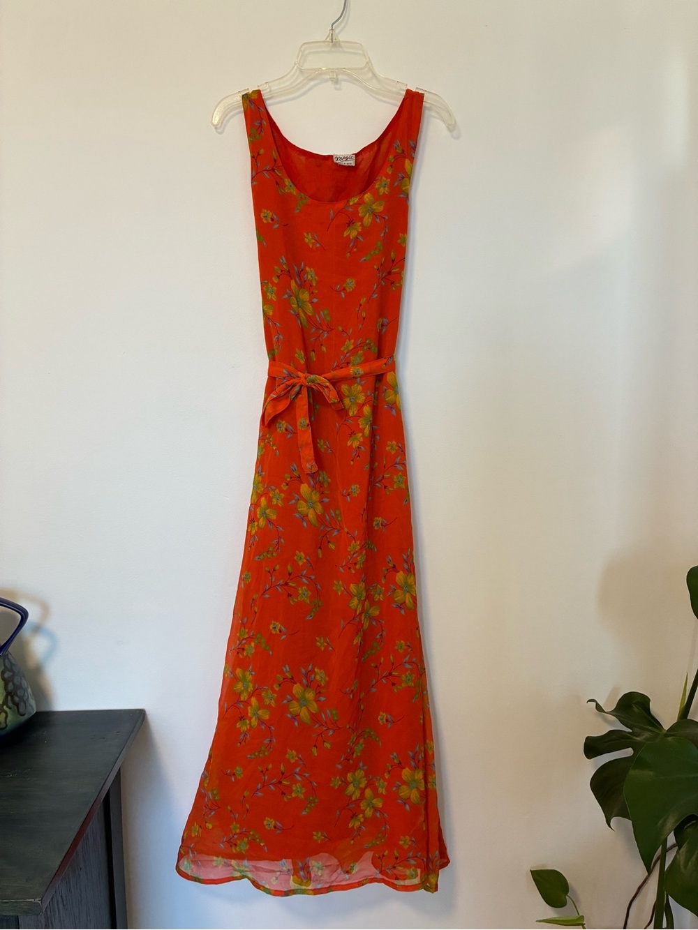 Vintage orange floral tie back maxi dress